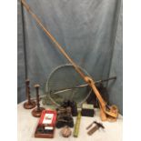 Miscellaneous collectors items including three pairs of binoculars, a Walker two-piece 9.5ft fly