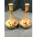 A pair of Royal Worcester blush ivory vases with bun shaped bodies beneath tubular necks, painted