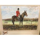 Roger Lowless, watercolour, huntsman in landscape, signed, with fox on mount, framed. (26in x 17.