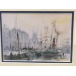 Peter Knox, watercolour, busy quayside scene with figures and steamer, titled to label verso