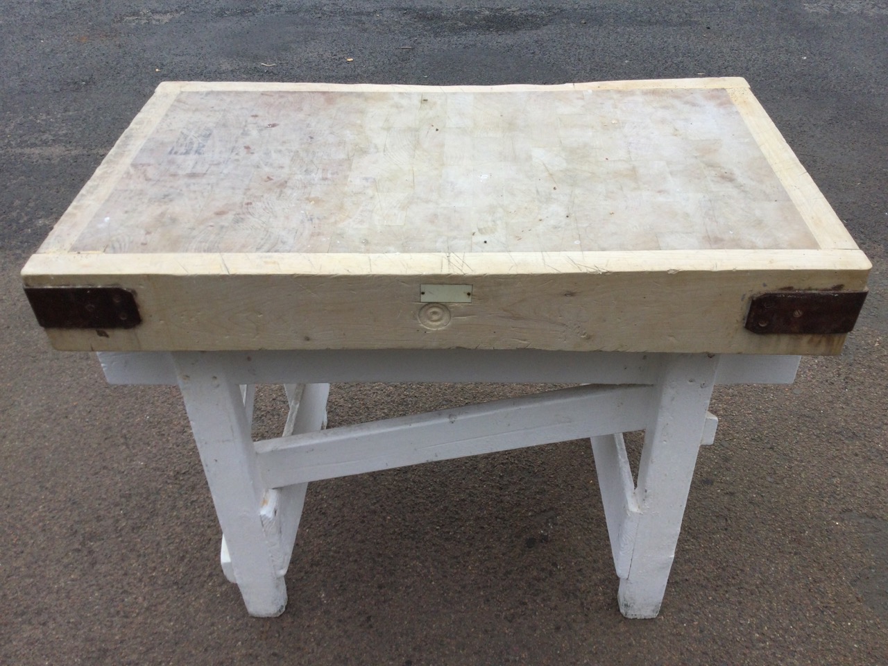 A rectangular panelled butchers block with iron mounts on painted stand. (42in x 24.25in x 32.25in) - Image 2 of 3