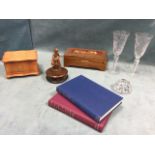 Three Swiss musical boxes/carvings playing airs; a pair of engraved air-twist stem commemorative