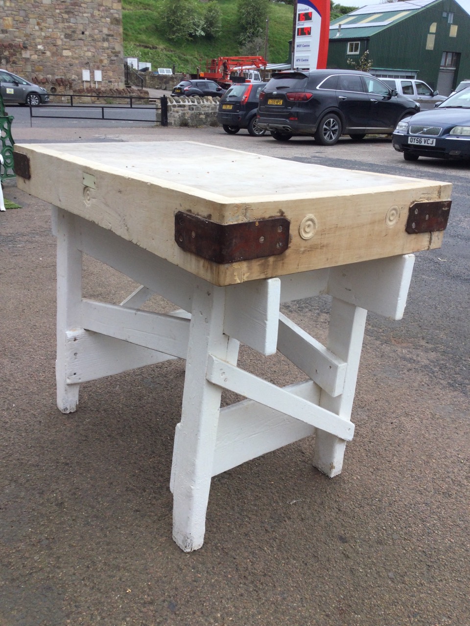 A rectangular panelled butchers block with iron mounts on painted stand. (42in x 24.25in x 32.25in) - Image 3 of 3