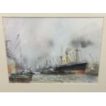 Peter Knox, watercolour, dock scene with shipping, signed, titled Steamers the Royal Docks,