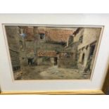 Robert Thorburn Ross, watercolour, courtyard buildings with figures, titled to label verso A Small