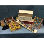Three boxed Pelham puppets - Hansel, Old Lady & Poodle; a Tri-ang wood Noah’s ark with ribbed ramp