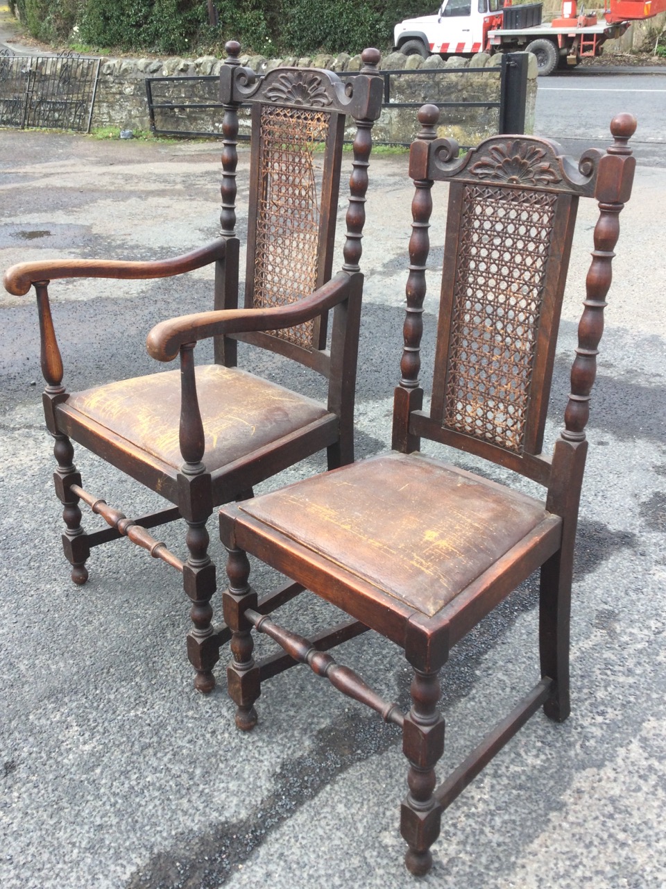 A pair of oak Elizabethan style chairs, a carver and a single, the backs with cane panels framed - Image 2 of 3