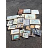 A box of miscellaneous pictures & prints including framed golf cartoons, a signed Macdonald Bamburgh