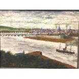 G Bell, oil on board, naive river landscape of Berwick upon Tweed from Tweedmouth rock, signed and