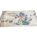 Chinese school, scroll silk painting with flowers and finches, signed with characters and studio