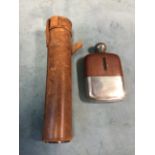 An Edwardian flask with leather mounts and screw ball stopper - James Dixon & Son; and a leather