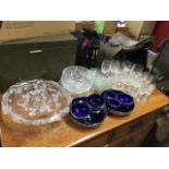 Miscellaneous glass including brandy balloons, a cut fruitbowl, celery dishes, a set of blue glass