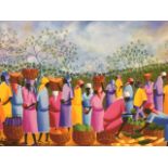 Alix Baptiste, oil on canvas, brightly dressed ladies at fruit market, signed & framed, artists