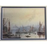 Peter Knox, watercolour, shipping and figures in river docks, signed, titled to label verso