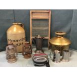 Miscellaneous western campfire gear - a large stoneware 3 gallon flagon titled Moonshine,