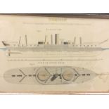 A nineteenth century engraving of a Turret-ship, the plan and elevation handcoloured, framed. (9in x