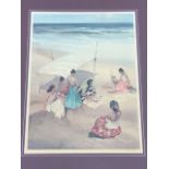 William Russel Flint, coloured print with embossed Fine Art Guild stamp, ladies picnicking on beach,