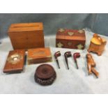 Miscellaneous treen - a Norwegian pokerwork decorated circular box & cover, a carved cherub, an