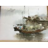 FC Cheung, oil on canvas, junks on water, signed and framed. (10in x 8in)