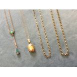 A 9ct gold mounted opal pendant on chain; a small oval 9ct gold locket on fine chain; and two long