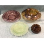 Two Davidsons slag glass bowls in amber and purple - one with ball frog; and a pale green acid