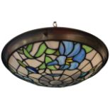 A Tiffany style stained glass plaffoniere, the basin shaped shade with blue & green leaded panels