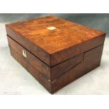 A Victorian walnut cased writing slope, the box with mother-of-pearl inlay having fitted interior