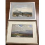 Turnbull, watercolour, bleak water landscape with sheep, signed, mounted & framed; and another