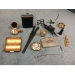 Miscellaneous collectors items including ebony glove stretchers, pill boxes, an ashtray, a flask,
