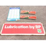 A rectangular enamelled Lubrication by BP sign - 58in; a Goodyear enamelled tyre pressure panel -