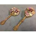 A filigree ladies gilt metal dressing table brush & mirror, mounted with over-the-top semi-