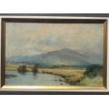 John M Aiken, watercolour, river landscape with sheep, signed, mounted and gilt framed. (14.5in x