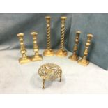 Three pairs of nineteenth century brass candlesticks - baluster on rectangular bases, tall twisted