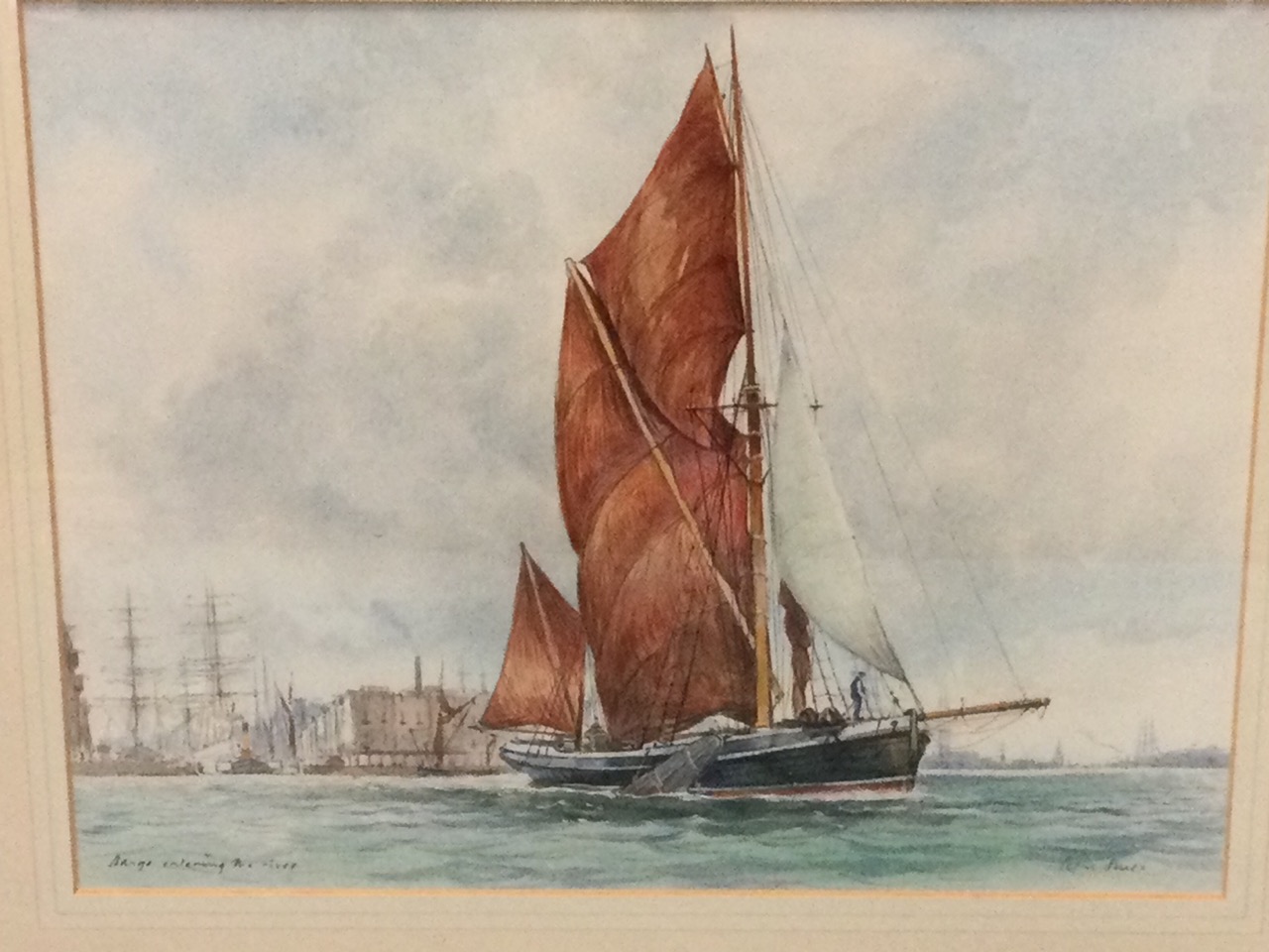 Peter Knox, watercolour, sailboat on river, signed and titled Barge Entering the River, mounted &