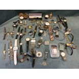 A box of ladies & genes watches - some old, pocket watches, some cased, novelty watches, quartz,