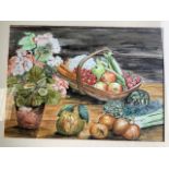 Jennifer J Pugsley, watercolour, still life with vegetables and flowerpot, titled The Trug Basket to