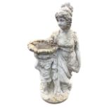 A composition stone mother & child with draped decoration supporting bowl, raised on circular