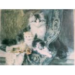 Henriette Ronner, coloured print from a 1893 painting, interior with cats, mounted and framed. (16in