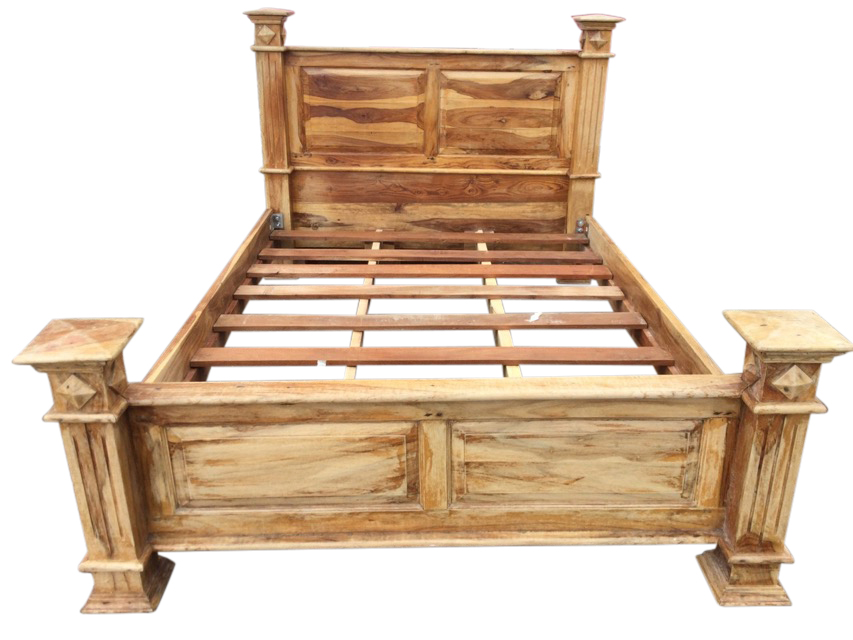 A hardwood double bed with twin fielded panels to headboard and tailboard, having square fluted