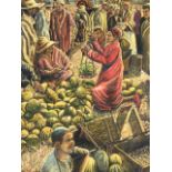 Oil on board, North African market scene with figures selling mellons, inscribed to verso Au Manché,