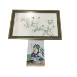 A Chinese painted silk picture with butterflies and blossom foliage, having painted characters and