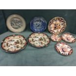 Four Royal Crown Derby Imari style pieces; a pair of Victorian Masons ironstone chinoiserie