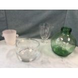 An acid etched glass ice bucket with scrolled handles; two large modern bowls/vases; and a green