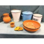 An enamelled jug & basin four-piece wash set with soap dish, and jar; and three other enamelled