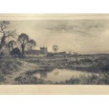 A late Victorian monochrome landscape print with village church and figures on pond in foreground,