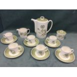 A Susie Cooper six-piece coffee set decorated in the Katina pattern with tall tubular coffeepot &