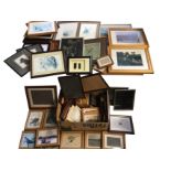 Two boxes of framed pictures and prints - sets, photographs, empty unused frames, birds and animals,