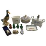 Miscellaneous small ceramic items including a cased porcelain thimble painted with insects and