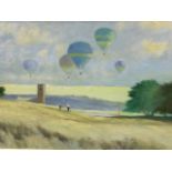 Norman Bolwell, oil on board, landscape view with ballooners rising above two figure and stone