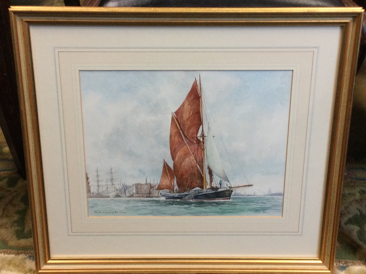 Peter Knox, watercolour, sailboat on river, signed and titled Barge Entering the River, mounted & - Image 2 of 3